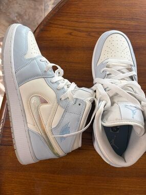 Nike Air Jordan 1 Mid - White & Light Blue with Iridescent Swoosh
